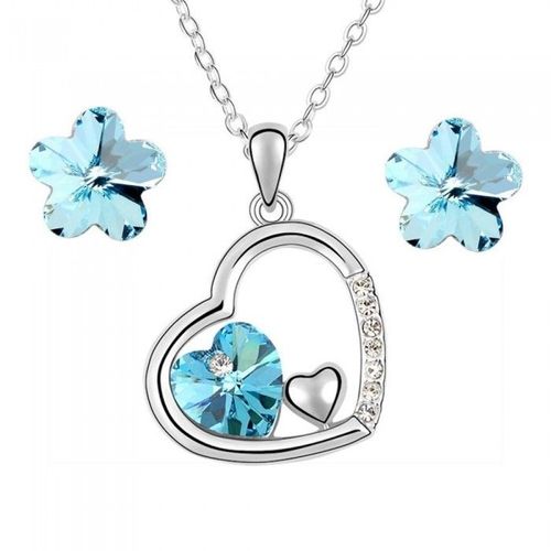 Parure Bijoux Coeur Et Boucles D'oreilles Fleur Argentée Femme Couleur Bleu Turquoise