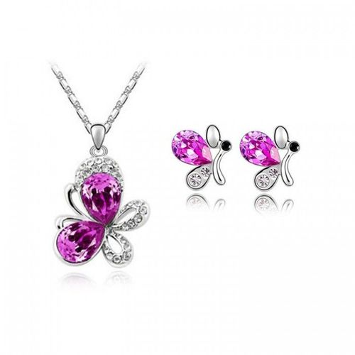 Parure Bijoux Papillon Goutte Ovale Argentée Femme Couleur Rose Fushia
