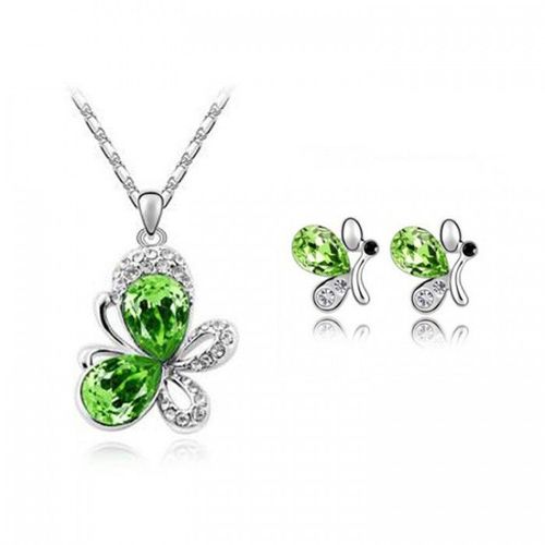 Parure Bijoux Papillon Goutte Ovale Argentée Femme Couleur Vert