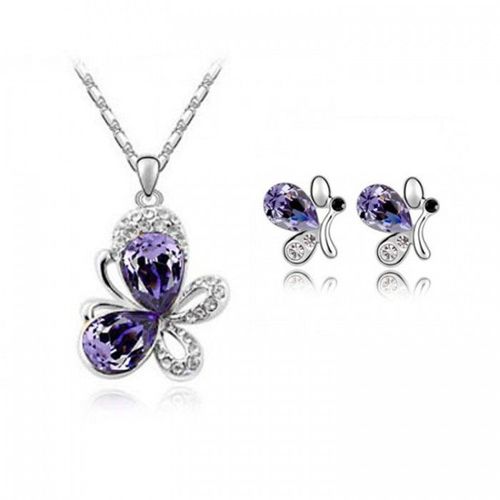 Parure Bijoux Papillon Goutte Ovale Argentée Femme Couleur Violet