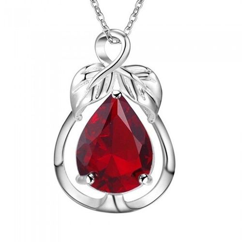 Collier Petites Feuilles Sur Goutte Oxyde De Zirconium Argenté Femme Couleur Rouge