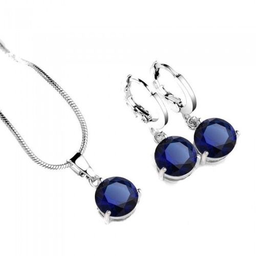 Parure Bijoux Collier Pendentif Oxyde De Zirconium Rond Argentée Femme Couleur Bleu Roi