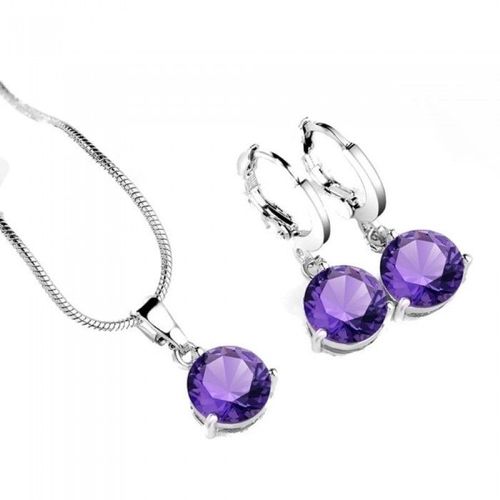 Parure Bijoux Collier Pendentif Oxyde De Zirconium Rond Argentée Femme Couleur Violet