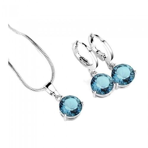 Parure Bijoux Collier Pendentif Oxyde De Zirconium Rond Argentée Femme Couleur Bleu Clair