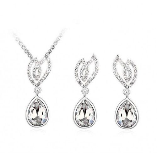 Parure Bijoux Feuille Goutte D'eau Argentée Femme Couleur Blanc