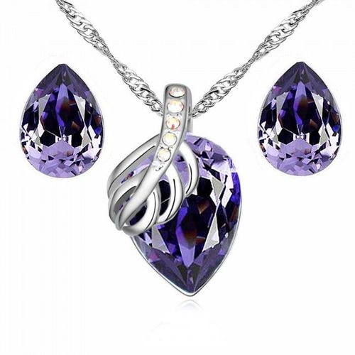 Parure Bijoux Goutte Feuille Argentée Femme Couleur Violet
