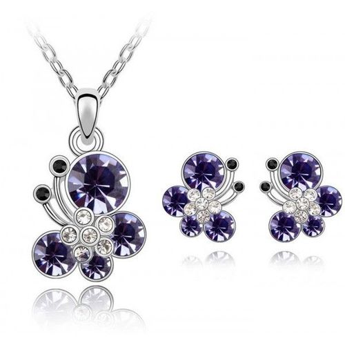 Parure Bijoux Papillon Boucles D'oreilles Puce Strass Argentée Femme Couleur Violet