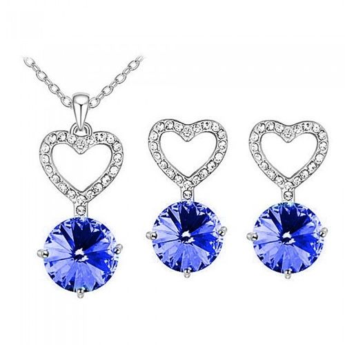 Parure Bijoux Coeur Strass Rond Pendant Argentée Femme Couleur Bleu Roi