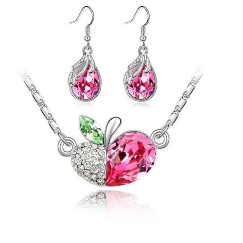 Parure Bijoux Pomme Goutte Feuille Argentée Femme Couleur Rose