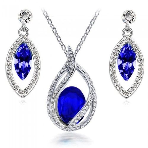 Parure Bijoux Goutte Ovale Pendante Argentée Femme Couleur Bleu Roi