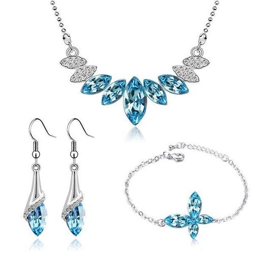 Parure Bijoux Goutte Ovale Papillon Collier Boucles D'oreilles Bracelet Argentée Femme Couleur Bleu Turquoise