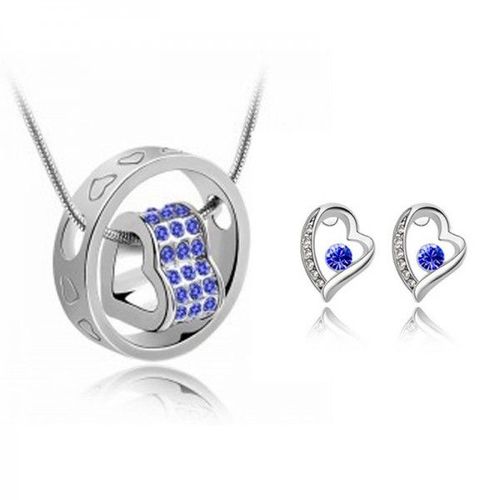 Parure Bijoux Cercle De Coeurs Strass Argentée Femme Couleur Bleu Roi