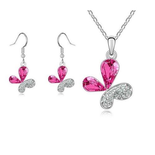 Parure Bijoux Papillon Boucles D'oreilles Pendantes Argentée Femme Couleur Rose