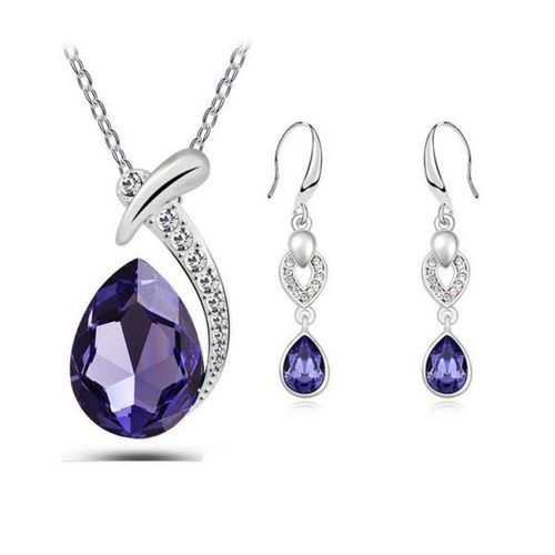Parure Bijoux Goutte Collier Boucles D'oreilles Argentée Femme Couleur Violet