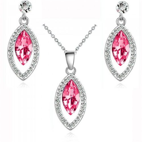 Parure Bijoux Goutte Ovale Argentée Femme Couleur Rose