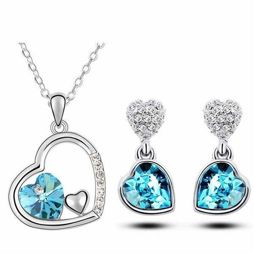 Parure Bijoux Coeur Pendant Argentée Femme Couleur Bleu Turquoise