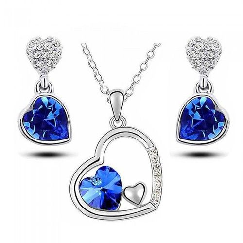 Parure Bijoux Coeur Pendant Argentée Femme Couleur Bleu Roi