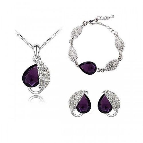 Parure Bijoux Feuille Goutte Collier Boucles D'oreilles Bracelet Argentée Femme Couleur Violet
