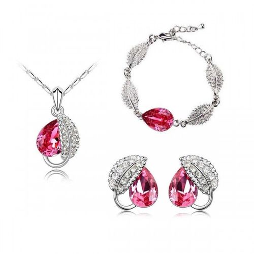 Parure Bijoux Feuille Goutte Collier Boucles D'oreilles Bracelet Argentée Femme Couleur Rose