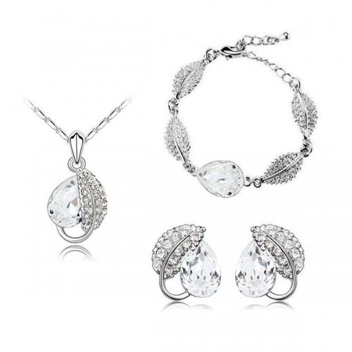 Parure Bijoux Feuille Goutte Collier Boucles D'oreilles Bracelet Argentée Femme Couleur Blanc