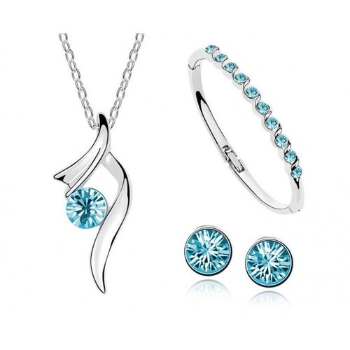Parure Bijoux Collier Boucles D'oreilles Bracelet Strass Rond Argentée Femme Couleur Bleu Turquoise
