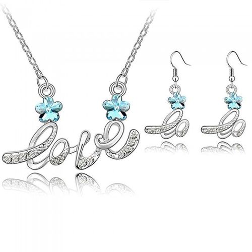 Parure Bijoux Amour Fleur Écriture Mot Love Argentée Femme Couleur Bleu Turquoise
