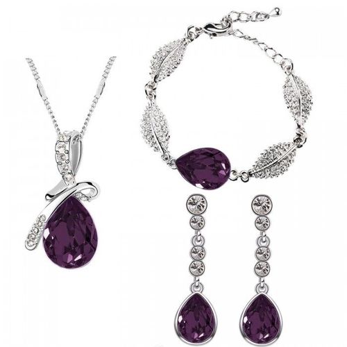 Parure Bijoux Goutte Collier Boucles D'oreilles Bracelet Argentée Femme Couleur Violet