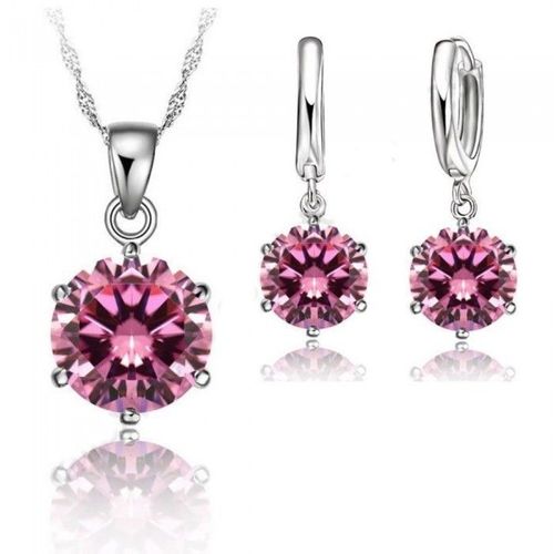 Parure Bijoux Pendentif Oxyde De Zirconium Solitaire Argenté Femme Couleur Rose