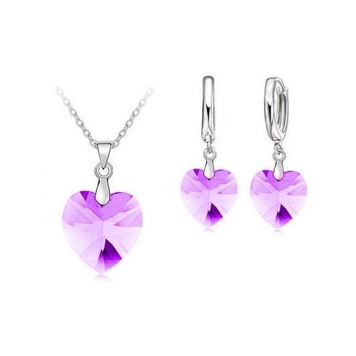 Parure Bijoux Pendentifs Coeurs Oxyde De Zirconium Argenté Femme Couleur Mauve