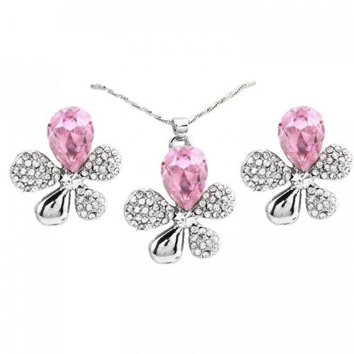 Parure Bijoux Fleur Argentée Femme Couleur Rose