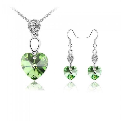 Parure Bijoux Coeur Boucles D'oreilles Crochet Pendant Argentée Femme Couleur Vert