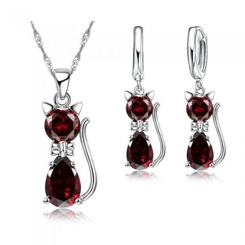 Parure Bijoux Chat Boucles D'oreilles Anneaux Oxyde De Zirconium Argenté Femme Couleur Rouge