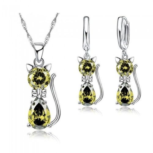 Parure Bijoux Chat Boucles D'oreilles Anneaux Oxyde De Zirconium Argenté Femme Couleur Vert