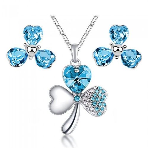 Parure Bijoux Trèfle De Coeurs Argentée Femme Couleur Bleu Turquoise