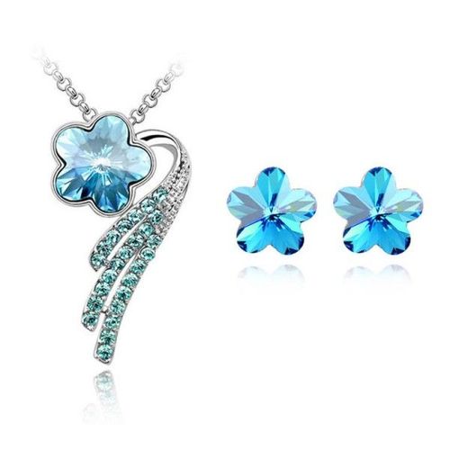 Parure Bijoux Fleur Étoile Filante Argentée Femme Couleur Bleu Turquoise