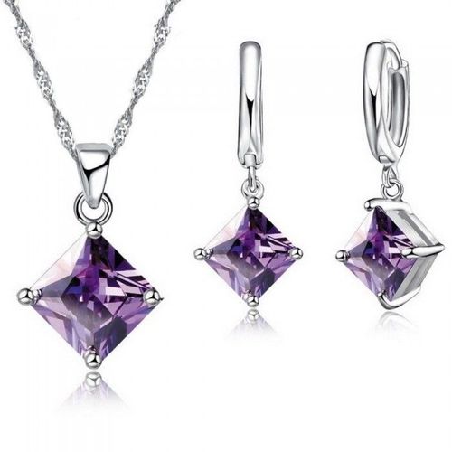 Parure Bijoux Carré Boucles D'oreilles Anneaux Oxyde De Zirconium Argenté Femme Couleur Violet