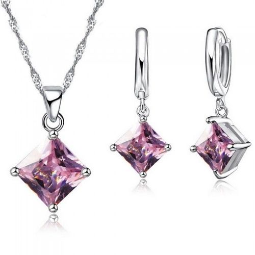 Parure Bijoux Carré Boucles D'oreilles Anneaux Oxyde De Zirconium Argenté Femme Couleur Rose