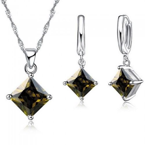 Parure Bijoux Carré Boucles D'oreilles Anneaux Oxyde De Zirconium Argenté Femme Couleur Vert