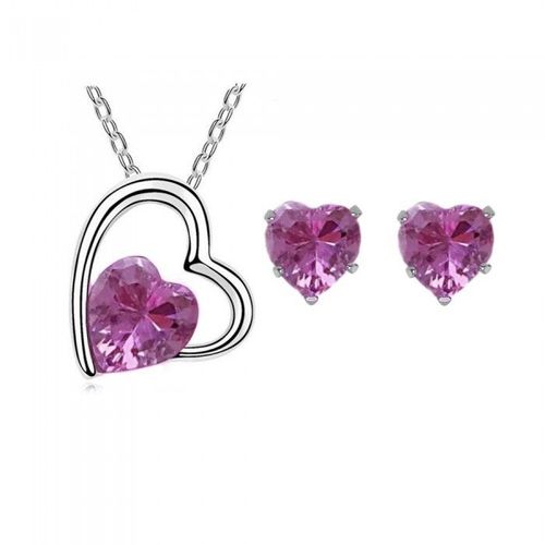 Parure Bijoux 2 Coeurs Oxyde De Zirconium Argentée Femme Couleur Rose