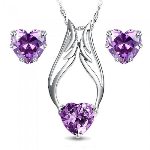 Parure Bijoux Coeur Aile D'ange Oxyde De Zirconium Argentée Femme Couleur Violet