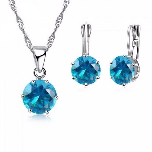 Parure Bijoux Oxyde De Zirconium Boucles D'oreilles Dormeuse Argentée Femme Couleur Bleu Turquoise