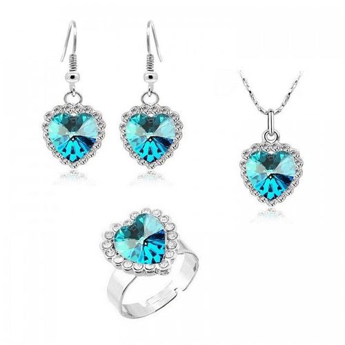 Parure Bijoux Coeur De L'océan Boucles D'oreilles Collier Bague Réglable Argentée Femme Couleur Bleu Turquoise