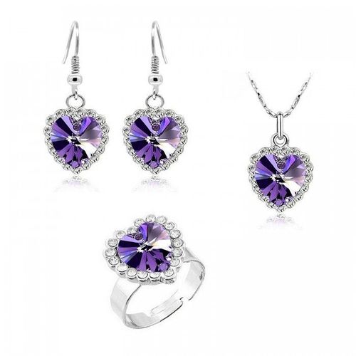 Parure Bijoux Coeur De L'océan Boucles D'oreilles Collier Bague Réglable Argentée Femme Couleur Violet