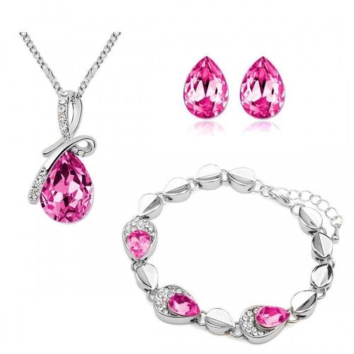 Parure Bijoux Goutte Collier Boucles D'oreilles Puce Bracelet Argentée Femme Couleur Rose