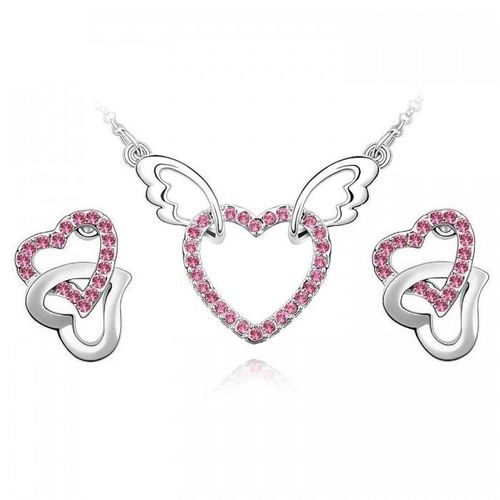 Parure Bijoux Coeur Aile D'ange Argentée Femme Couleur Rose