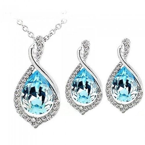 Parure Bijoux Strass Goutte Argentée Femme Couleur Bleu Turquoise