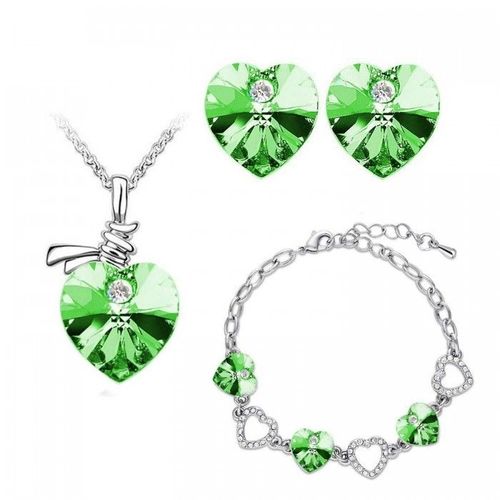 Parure Bijoux Coeur Collier Pendentif Boucles D'oreilles Bracelet Argentée Femme Couleur Vert