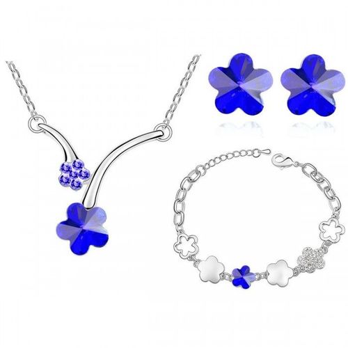 Parure Bijoux Fleur Collier Boucles D'oreilles Bracelet Argentée Femme Couleur Bleu Roi