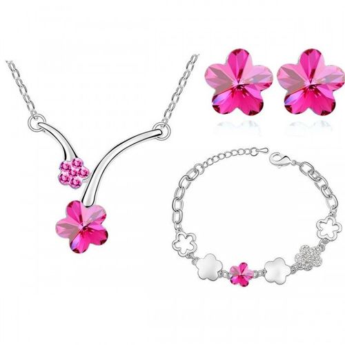 Parure Bijoux Fleur Collier Boucles D'oreilles Bracelet Argentée Femme Couleur Rose