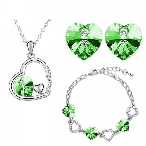 Parure Bijoux 3 Coeurs Collier Boucles D'oreilles Bracelet Argentée Femme Couleur Vert